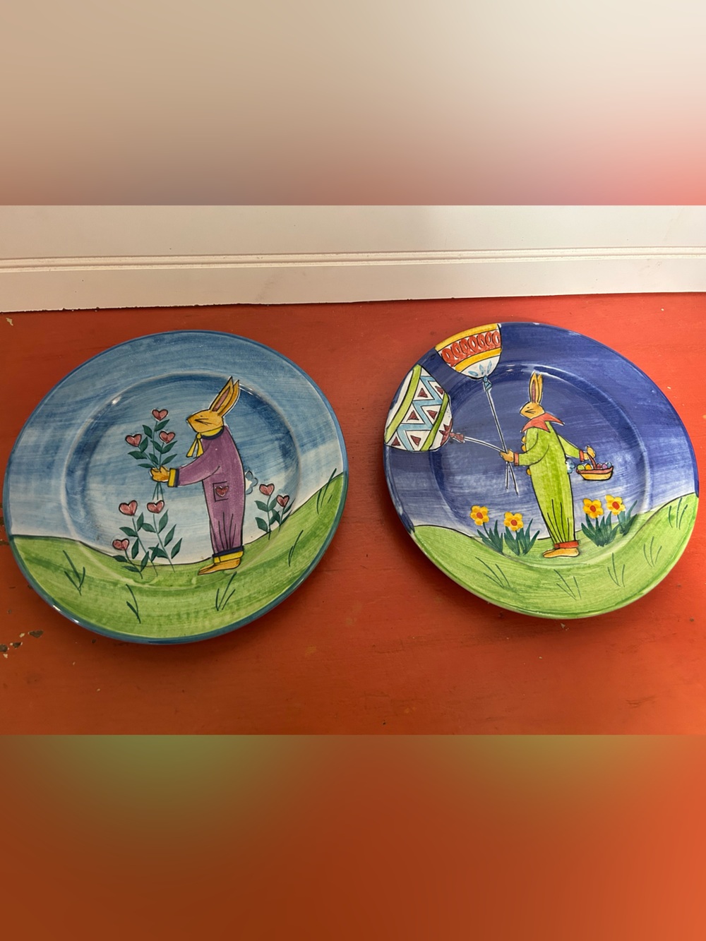 Pair Bunny Rabbit Whimsical Plates 8" Mesa International Made in Peru